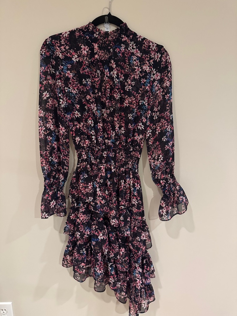 Misa Los Angeles Black Floral Long-Sleeve Ruffle Dress - Pink & Blue Accents